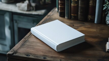 Poster - Minimalistic White Book on Rustic Wooden Desk Surrounded by Classic Literature and Natural Light