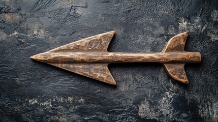 Poster - Wooden arrow symbolizing direction on a dark textured background with ample empty space for text and design elements