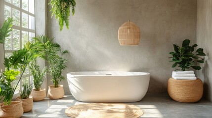 Poster - Modern eco-friendly bathroom design featuring natural materials, greenery, and a minimalist aesthetic for a serene atmosphere.