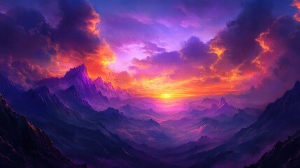 Poster - Majestic horizon landscape with vibrant purple and orange clouds at sunset over rugged mountain ranges and serene valleys.