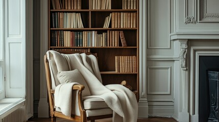 Poster - Cozy armchair in a stylish room with bookcase and fireplace featuring classic molding ideal for warm interior design concepts