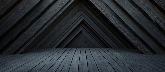 Poster - Geometric Architectural Background with Black Wooden Walls and Floor Featuring Empty Space for Text in Abstract Digital Art Design