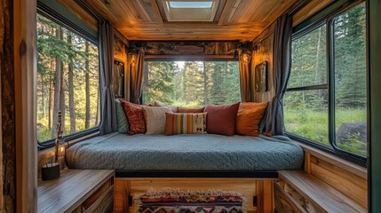 Poster - Luxurious camper interior with cozy seating surrounded by serene forest scenery and abundant natural light.