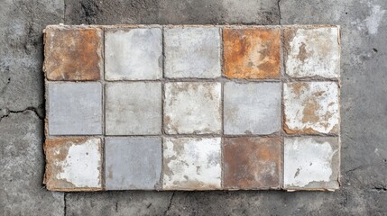 Poster - Industrial Grunge Tile Frame Empty Template for Creative Design on Weathered Cement Floor Background