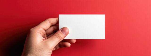Poster - Hand holding a blank business card on a vibrant red background with ample space for personalized text or branding elements