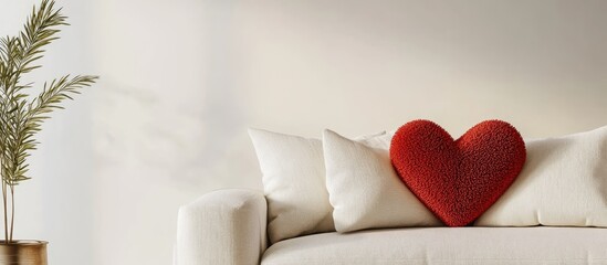 Poster - Cozy living room with heart-shaped cushion on sofa armrest featuring an ivory backdrop and ample empty space for text or design elements.