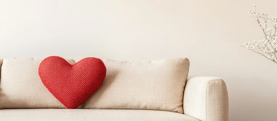 Poster - Heart shaped cushion on modern sofa armrest in cozy living room with neutral backdrop and ample copy space for text or branding purposes