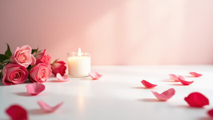 Wall Mural - Pink Roses, Candle, Petals: Romantic Still Life - Pastel colors