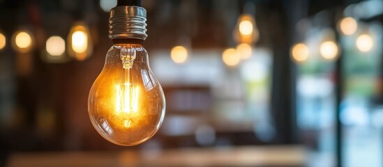 Poster - Innovative light bulb glowing with blurred background creating inviting space for creative text and concepts in modern lighting design