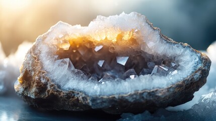 Poster - Close up of a geode showcasing intricate quartz crystal formations against a soft background with empty space for text or design elements
