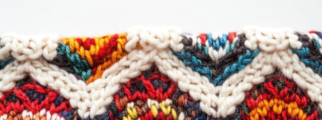 Poster - Hand Knitted Fair Isle Wool Texture with Colorful Patterns on White Background Ideal for Text Overlay and Design Projects
