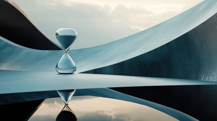 Poster - Hourglass placed on sleek contemporary surface reflecting a modern architectural design under a dramatic sky.