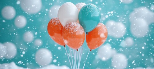 Wall Mural - A Festive Bouquet of Teal and Orange Balloons Against a Snowy, Sparkling Winter Wonderland Backdrop