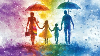 Fototapete - Conceptual image of rainbow-colored family silhouettes under a legal umbrella Stock Photo with side copy space