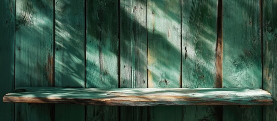 Poster - Rustic Green Wooden Shelf with Sunlight Shadows for Text Messages in a Vintage Country Style Interior Decor Setting