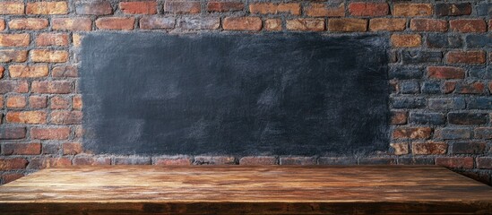 Poster - Blackboard and Brick Wall Mockup with Wooden Table Empty Space for Text High Quality Background for Creative Projects and Advertisements