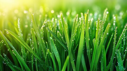 Aufkleber - Macro Photography of Dew Drops on Lush Green Grass Blades with Blurred Background Capture of Freshness and Natural Beauty in Spring