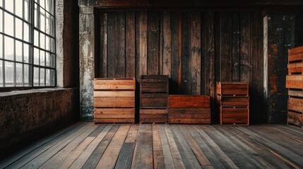 Poster - Vintage barn interior featuring industrial wood storage crates in a rustic waiting room design concept with wooden flooring and natural light.