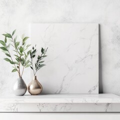 Poster - Elegant White Tabletop Mockup with Marble Texture and Decorative Plants for Product Display and Creative Background Design