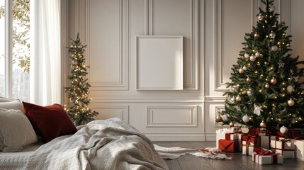 Blank white frame mockup in a cozy Christmas themed living room with decorated trees and festive decor against light colored walls