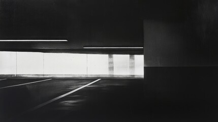 Poster - Dark and empty parking garage interior featuring three rows of parking spaces and a white wall creating a minimalistic atmosphere.