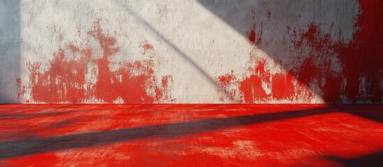 Poster - Grunge Wall with Bright Red Floor and Sunlight Casting Shadows Ideal for Text Overlay or Artistic Background Use
