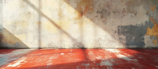 Poster - Grunge Wall with Brush Strokes and Sunlit Red Floor Offering Empty Copy Space for Creative Text or Design Elements in Background