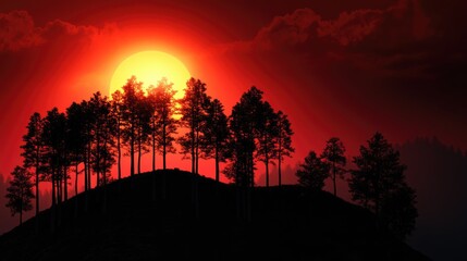 Poster - Silhouetted tall trees on a hill under a vibrant red sunset creating a serene mystical atmosphere with ample space for text overlay.