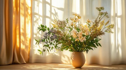 Poster - Sunlit Interior with Fresh Flower Bouquet in Vase Highlighted by Sheer Curtains and Vibrant Morning Light Ideal for Home Decor Inspiration