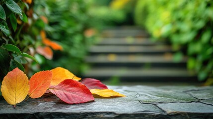 Poster - Vibrant autumn leaves on a stone table with a picturesque staircase and lush greenery in the background creating a serene natural setting