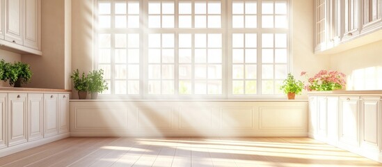 Poster - Sunlit modern kitchen interior with large windows plants and empty space for text showcasing brightness and warmth in a cozy atmosphere