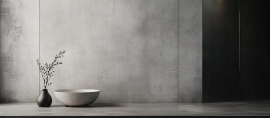 Wall Mural - Minimalist Grey Concrete Wall Background with Decorative Bowl and Vase for Text Space