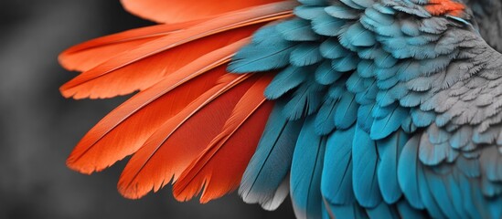 Poster - Vibrant Feather Detail of Exotic Bird Wing Showcasing Striking Color Dynamics with Monochrome Background and Space for Text Overlay