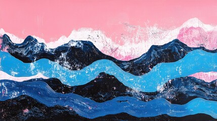 Poster - Abstract horizontal collage featuring textured blue, black, and pink sea waves, complemented by a vintage screen effect for artistic flair.