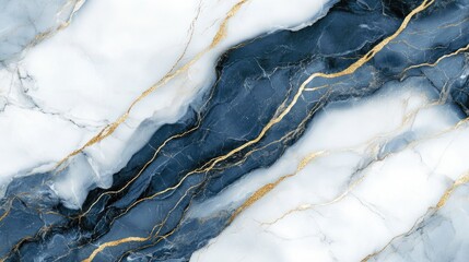 Poster - Horizontal Abstract Blue and White Marble Background with Elegant Gold Veins for Luxury Design Aesthetic