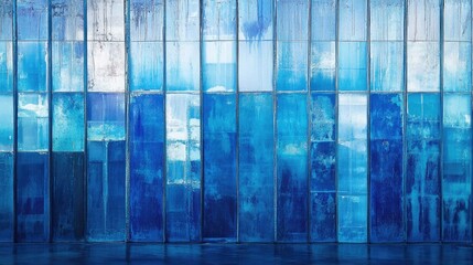 Poster - Blue glass windows creating a striking abstract pattern in a modern architectural setting showcasing transparency and light reflections.