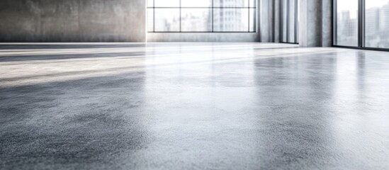 Poster - Bright Modern Room with Grey Cement Floor and Expansive Windows Creating an Empty Copy Space for Text or Branding Use