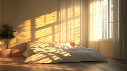 Poster - Contemporary bedroom featuring dynamic light and shadow interplay with warm sunlight streaming through large windows