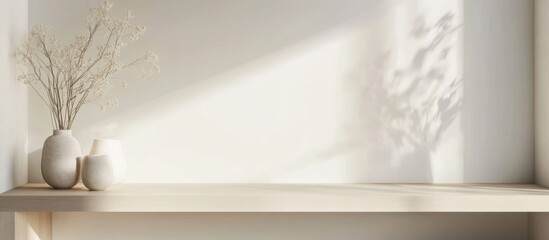 Poster - Minimalist wooden shelf with white backdrop and soft lighting ideal for product display featuring decorative vases and natural elements.