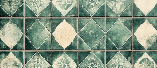 Poster - Green Vintage Porcelain Tile Arabesque Pattern Background with Empty Space for Text Ideal for Home Decor and Interior Design Projects