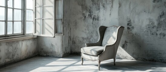 Poster - Grey Comfort Chair in Serene Room Interior with Soft Natural Light and Space for Text Overlay