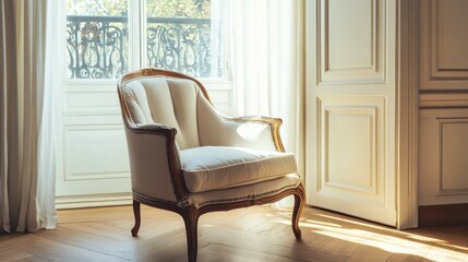 Poster - Interior of a stylish apartment showcasing an elegant antique armchair with natural light enhancing the luxurious atmosphere of the space