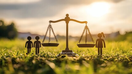 Poster - Illustration of scales balancing traditional and modern family icons Stock Photo with side copy space