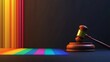 © anantachat - Illustration of a legal gavel and rainbow symbols merging Stock Photo with side copy space