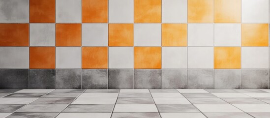 Poster - Modern Gray and Orange Ceramic Tile Wall in Bathroom Featuring Blank Space for Text or Design Elements