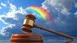 © anantachat - Illustration of a legal gavel and rainbow symbols merging Stock Photo with side copy space