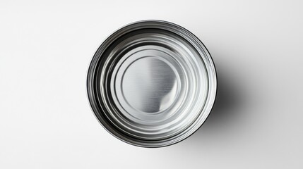 Poster - Interior view of an empty aluminum can on a white background showcasing its smooth surface and subtle reflections