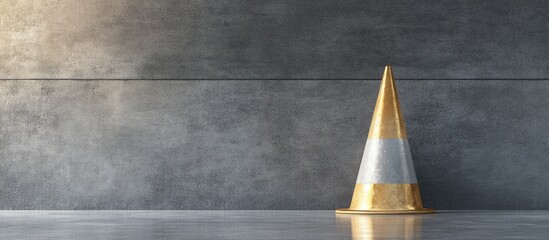 Poster - Indoor setting featuring a grey and gold construction cone against a textured wall with ample empty space for text placement.