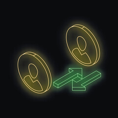 Poster - Neon yellow user icons and green intertwined arrows represent seamless contact and information exchange on a dark background