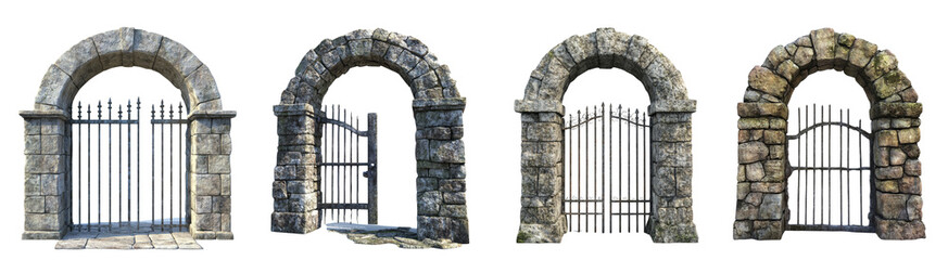 Poster - Stone Archways with Metal Gates Showing Varying States of Repair
